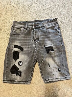 DSQUARED2 Distressed Grey Patch Denim Shorts